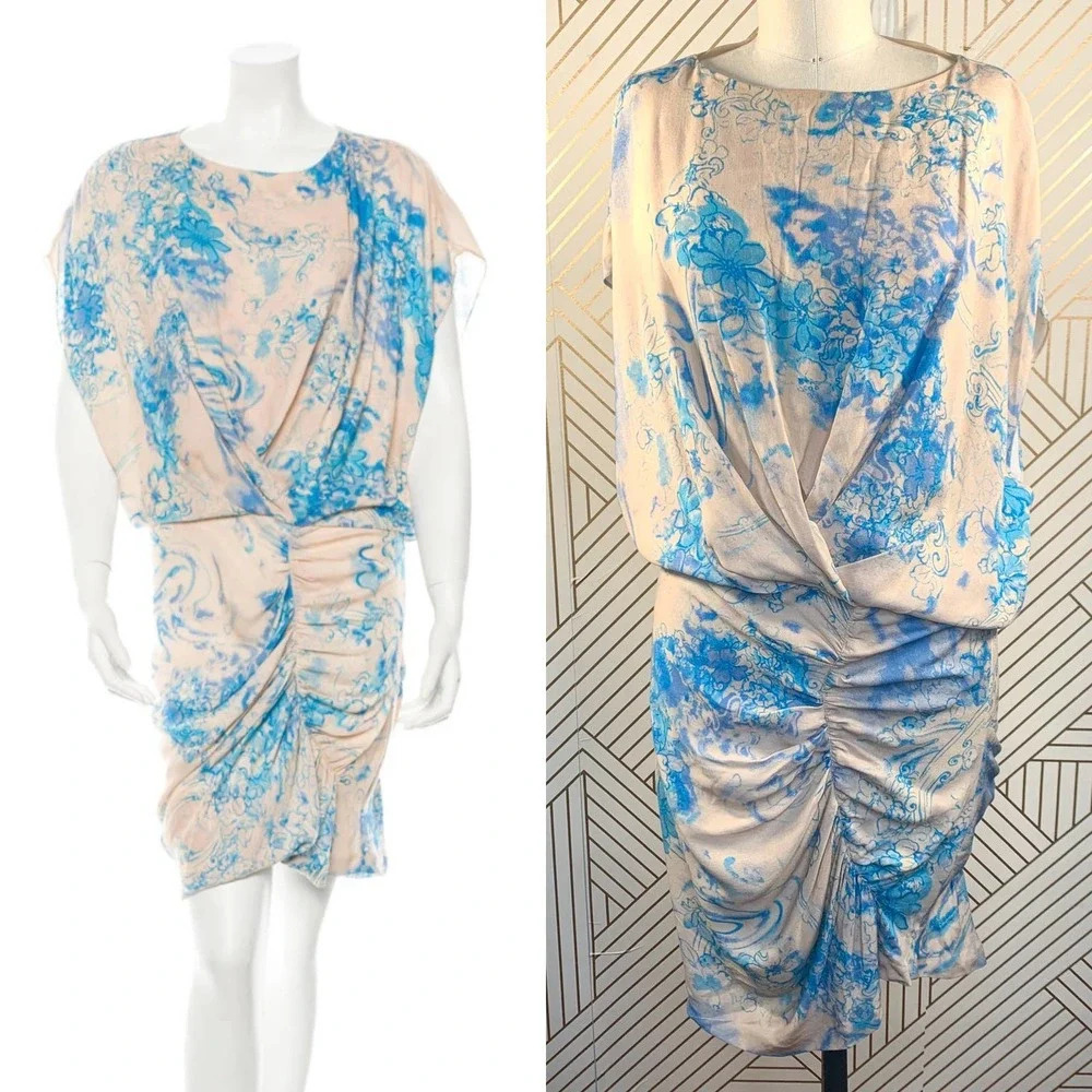 Thakoon Beige Blue Floral‎ Draped Ruched Dress